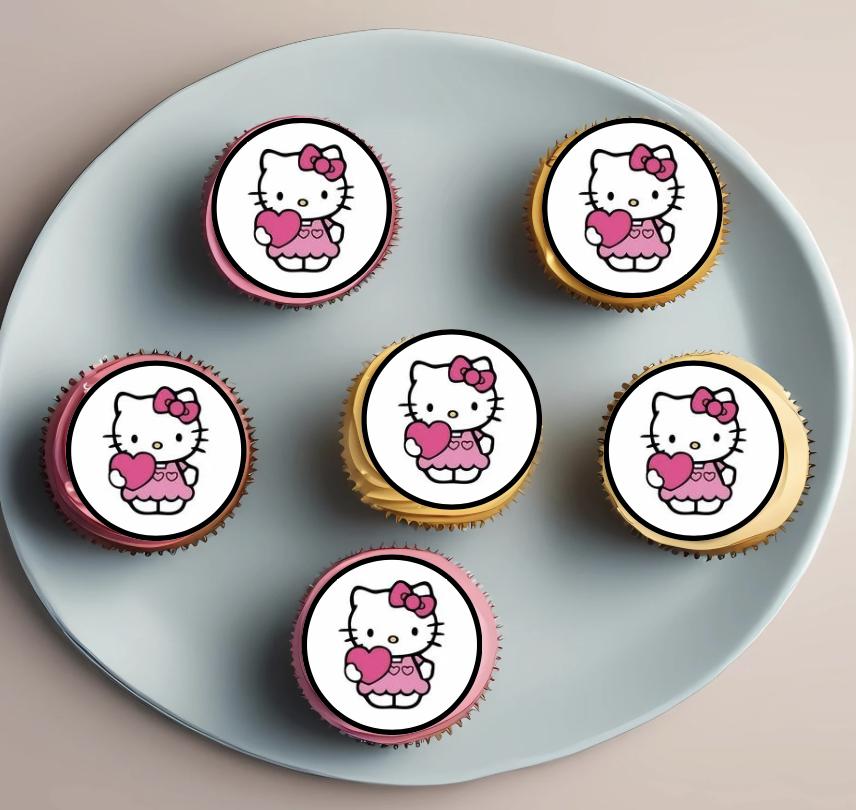 Pink Hearts Hello Kitty Edible Sugar Sheet for cupcakes, cookies, Oreos, treats 1.5", 2" rounds on edible sheet Valentine's Day, Birthday