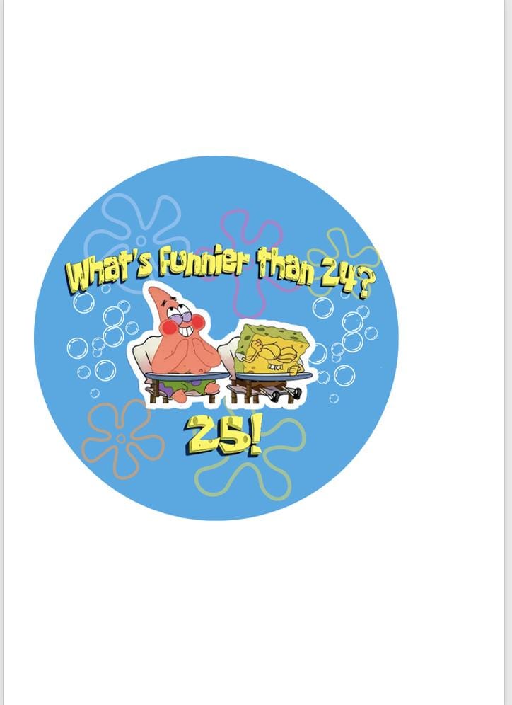 SpongeBob What's Funnier than 24? 25 25th Birthday Party Edible Image Icing Sugar Sheet for Cakes 3.5", 4", 6", 7.5" ROUNDS Cake Topper