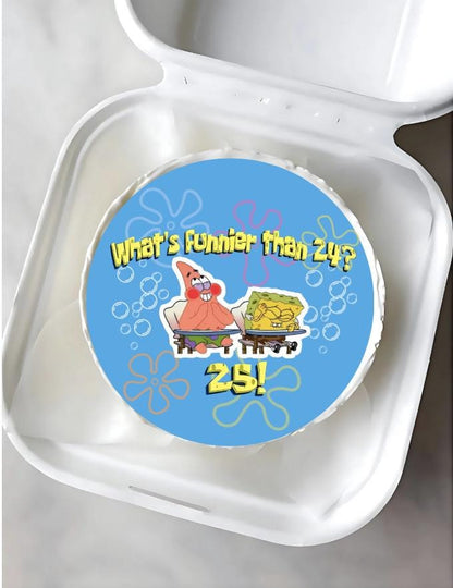 SpongeBob What's Funnier than 24? 25 25th Birthday Party Edible Image Icing Sugar Sheet for Cakes 3.5", 4", 6", 7.5" ROUNDS Cake Topper