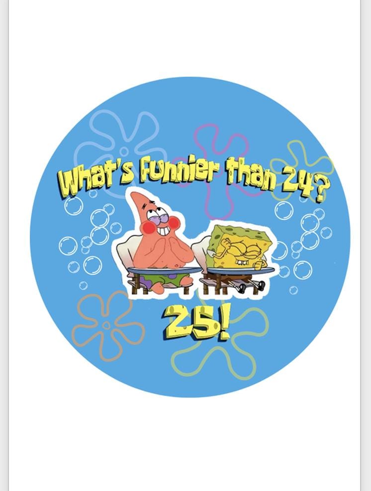 SpongeBob What's Funnier than 24? 25 25th Birthday Party Edible Image Icing Sugar Sheet for Cakes 3.5", 4", 6", 7.5" ROUNDS Cake Topper