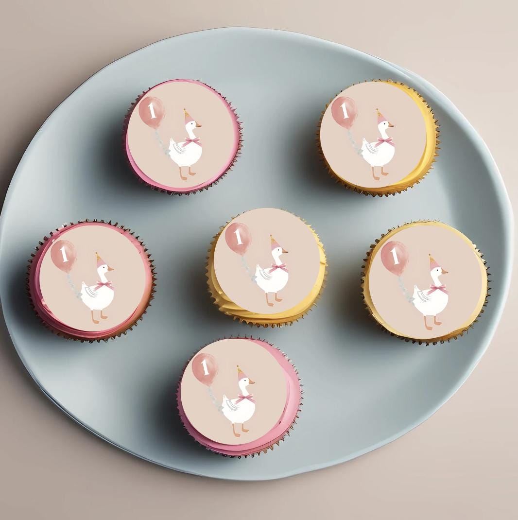 One Silly Goose Pink Baby 1st Birthday 1.5"/2" Rounds Printed on Edible Sugar Sheet for Cupcakes,Cookies,Oreos, Cakesicles NOT PRECUT